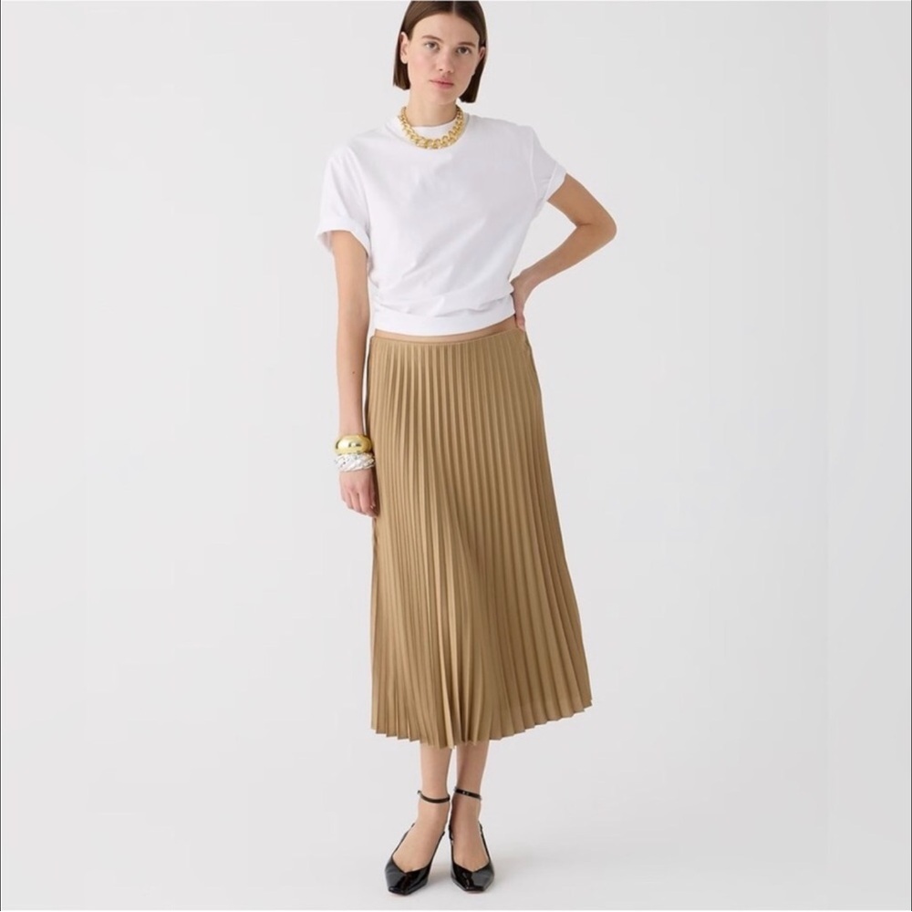 J.crew pleated satin midi skirt in camel.